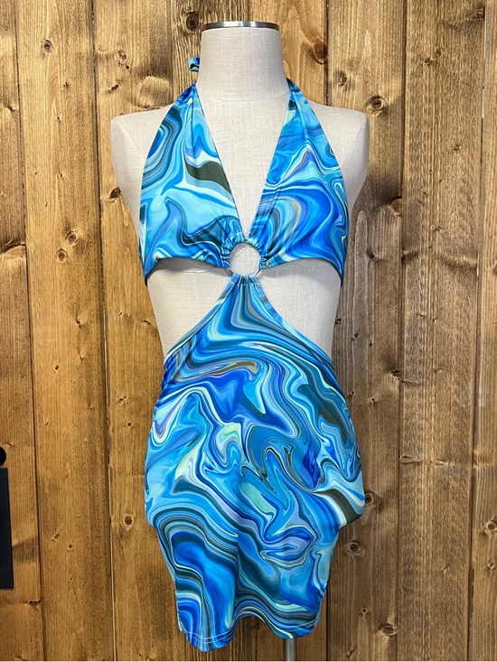Unbranded Small Blue Psychedelic Halter Cutout Mini Dress Rave Festival - Picture 2 of 7